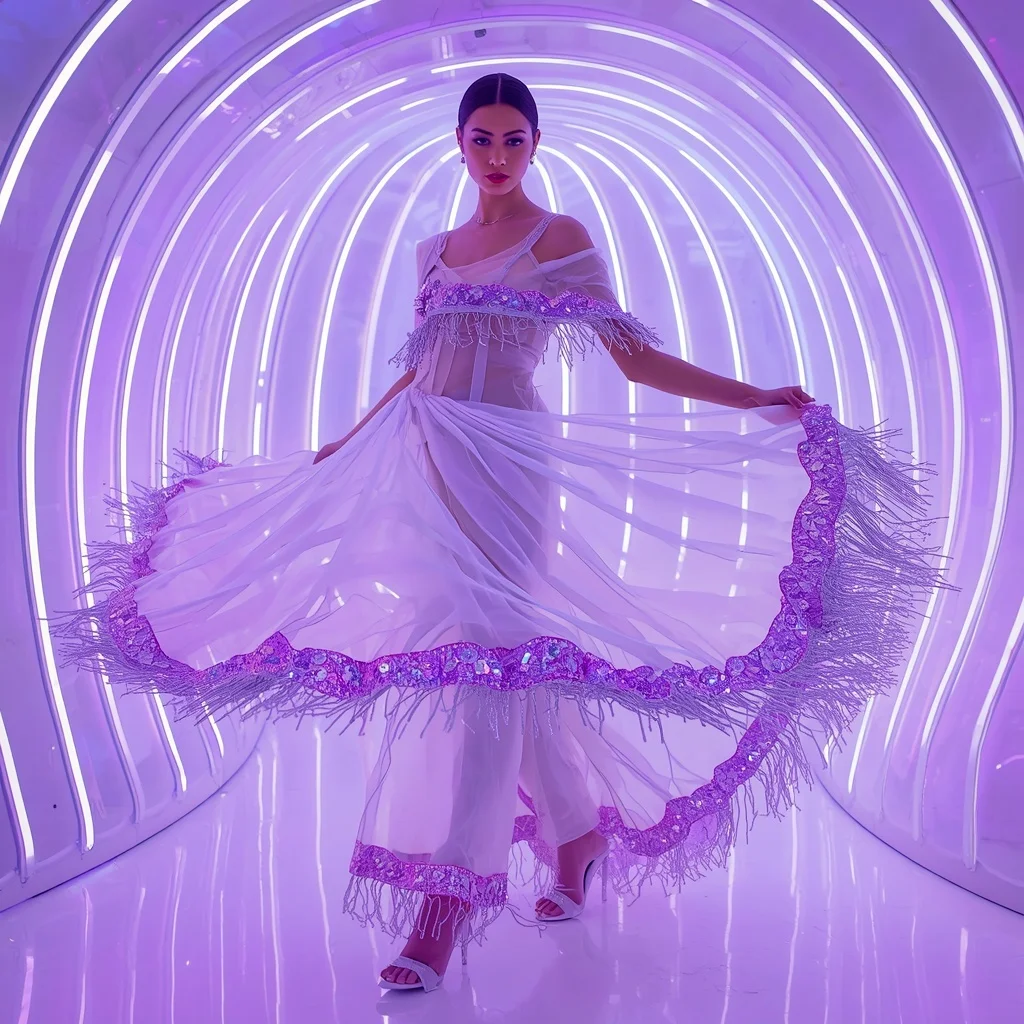 Pearl White Liquid Mesh and Neon Violet Saree in LED Chamber | Girls Trending Prompt Gemini Instagram
