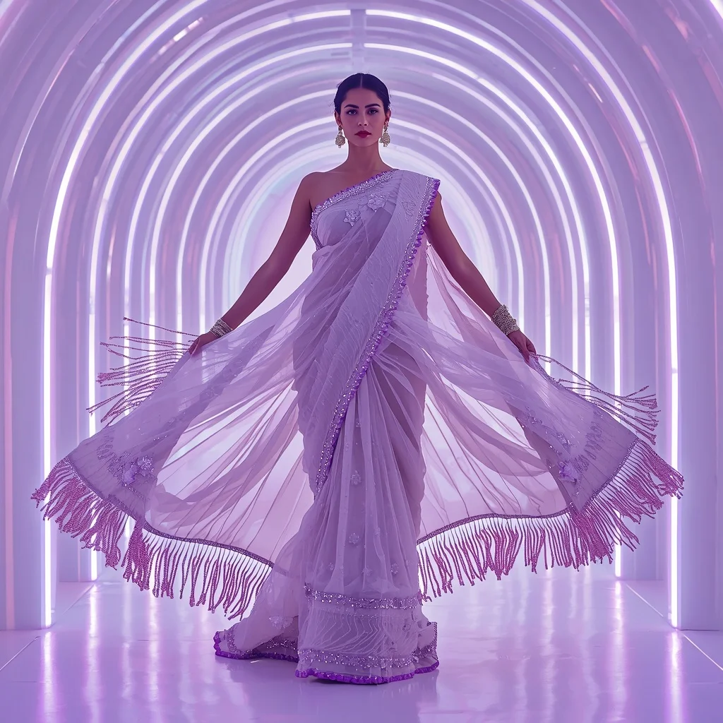 Pearl White Liquid Mesh and Neon Violet Saree with Curved LED Chamber | Gemini Ai Prompt