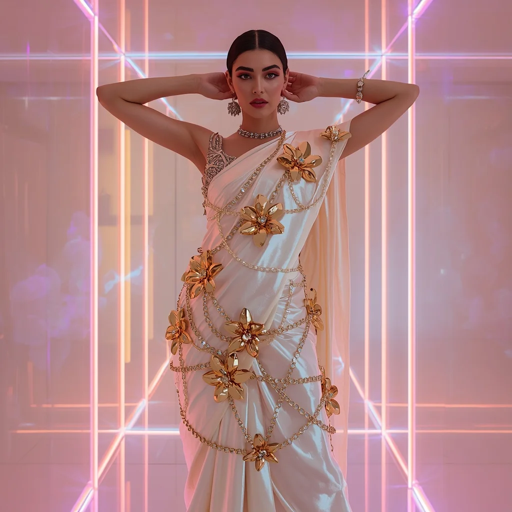 Pearl-White Liquid Satin Saree with 3D Gold Metal Flowers | Banana Prompts Girls