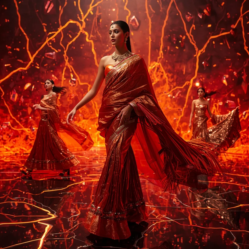 Phoenix Blaze Metallic Saree with Lava Prism Dome | Flux Ai Prompt