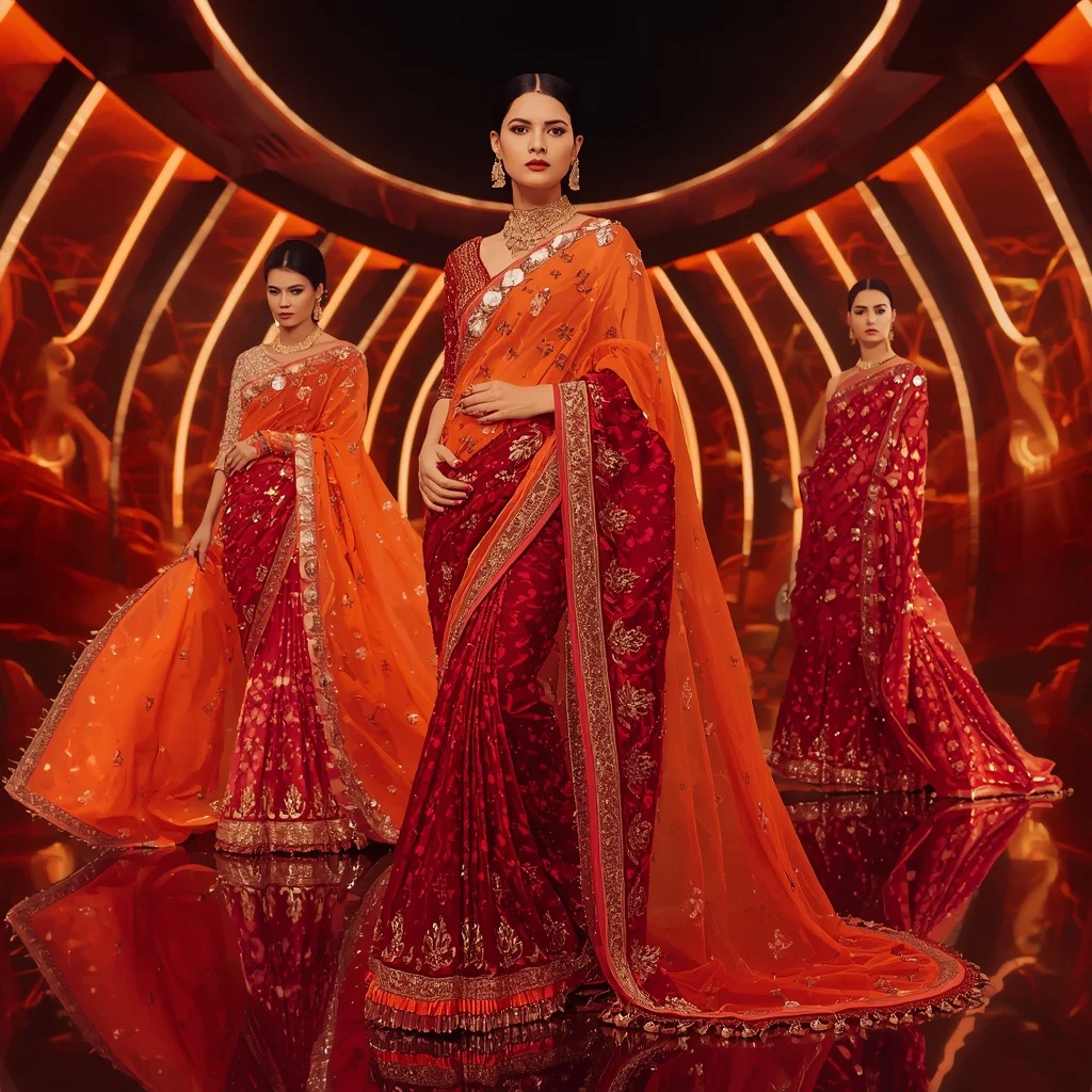 Phoenix Prism Empress Saree with Curved Flame Orbit Hall | Trending Prompt Girls Traditional