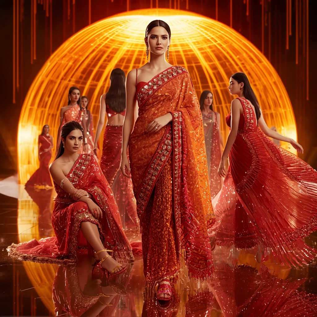 Phoenix Prism Queen Saree with Curved Flame Infinity Crystal Dome | Bridal Ai Prompt