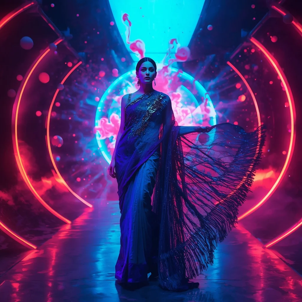 Plasma Ink Rift Saree with Energy Paint Vortex Chamber | Gemini Photo Editing Prompt