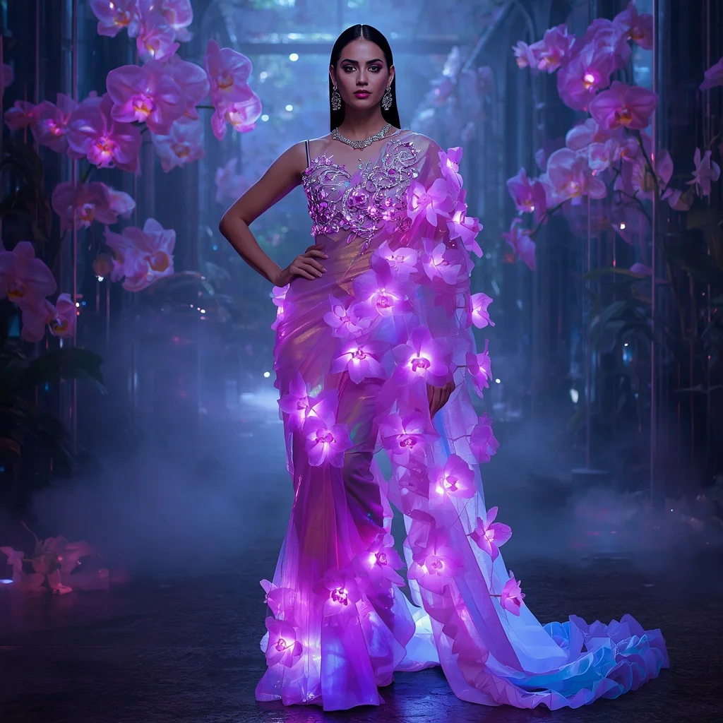Plasma Orchid Saree with Living Energy Flower Drapes | Prompt For Traditional Look For Girl ChatGPT