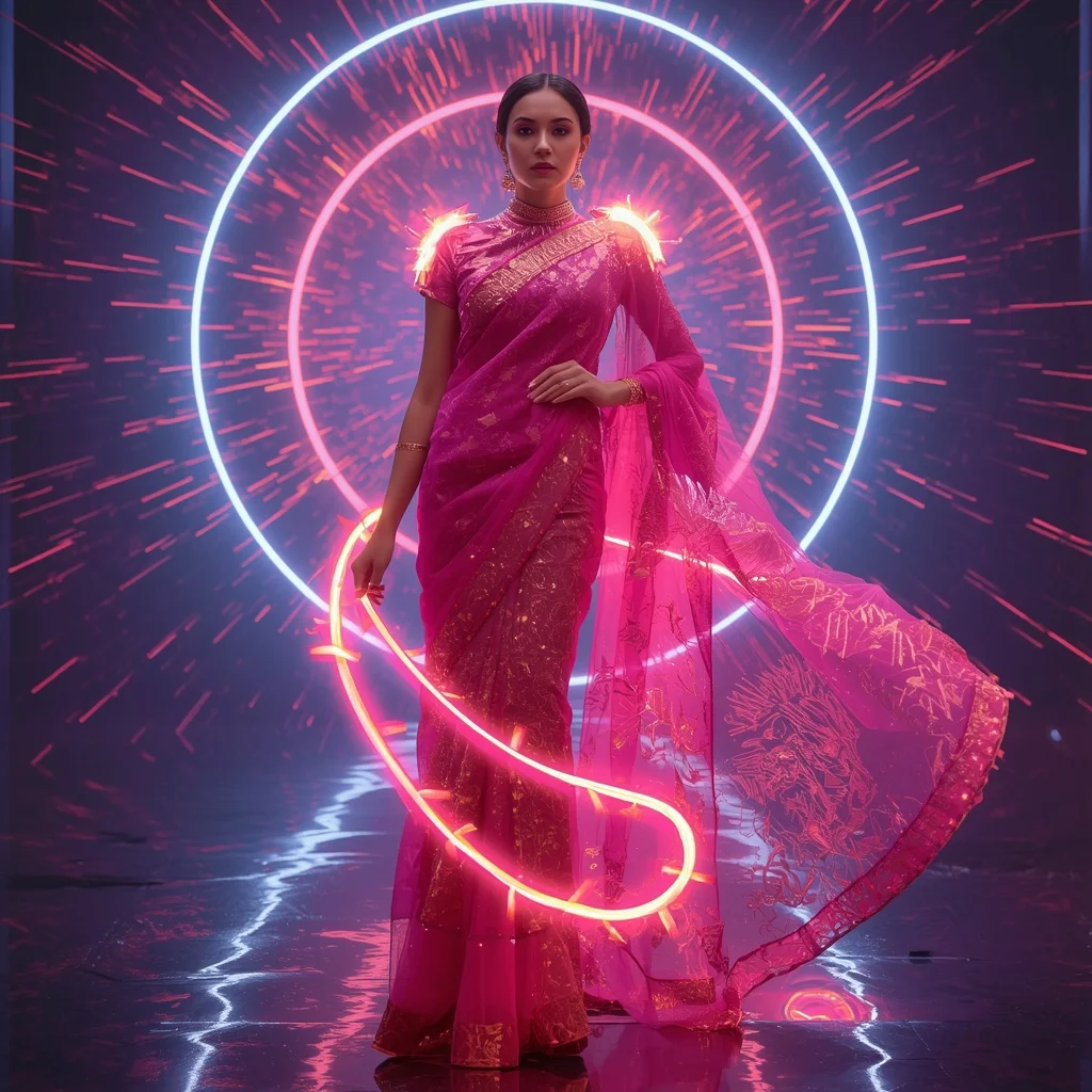 Plasma Ribbon Explosion Saree with Energy Spiral Dome | ChatGPT Ai Prompt