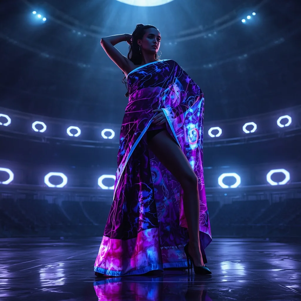 Plasma Shadow Silk Fusion Saree with Dark Energy Pulse Arena | Grok Ai Prompt