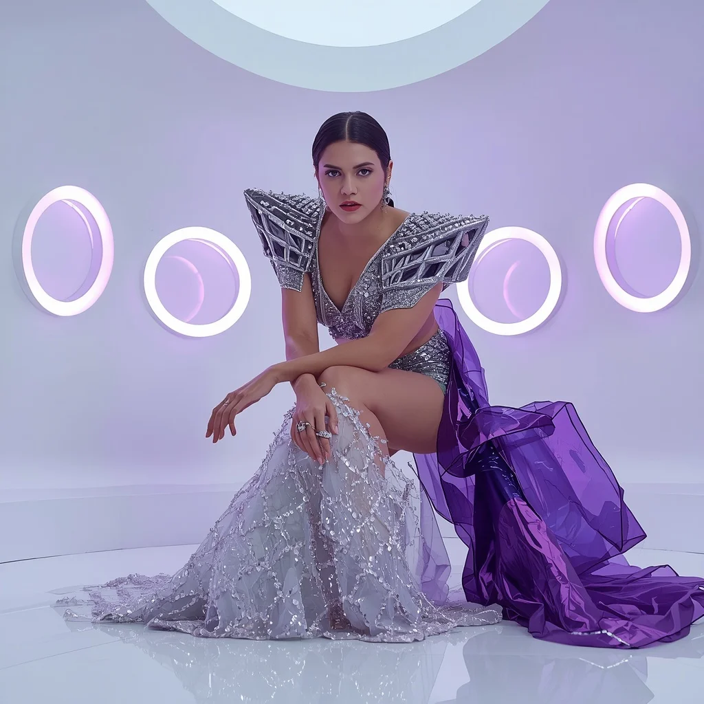 Platinum and Electric Purple Prism Saree with Floating Ring Chamber | Instagram Post Ai Prompt