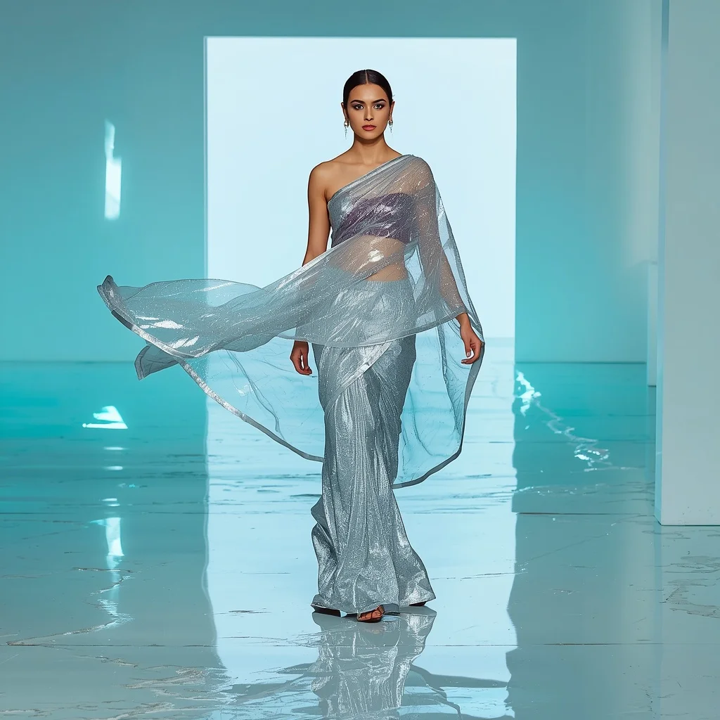 Platinum Foil Tissue Saree – Sweeping Walk Pose with Turquoise Caustics | Realistic Ai Prompt