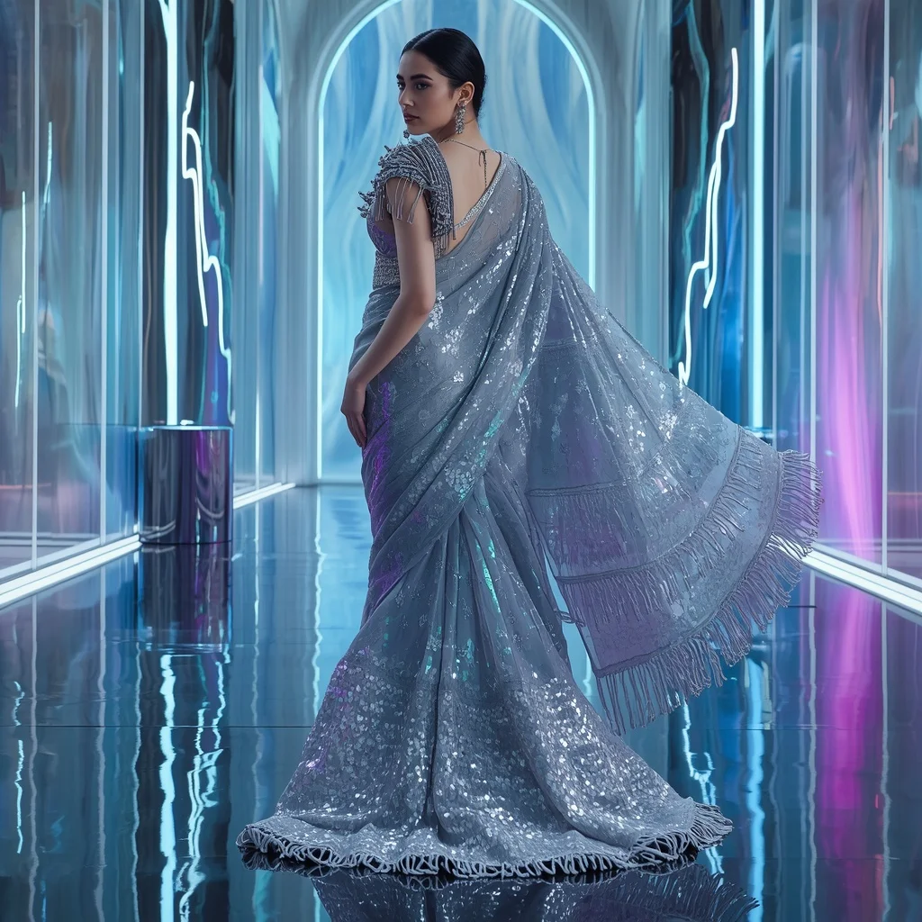 Platinum Galaxy Flame Saree with Floating Aurora Cathedral | Prompt Seen Girl Lehenga