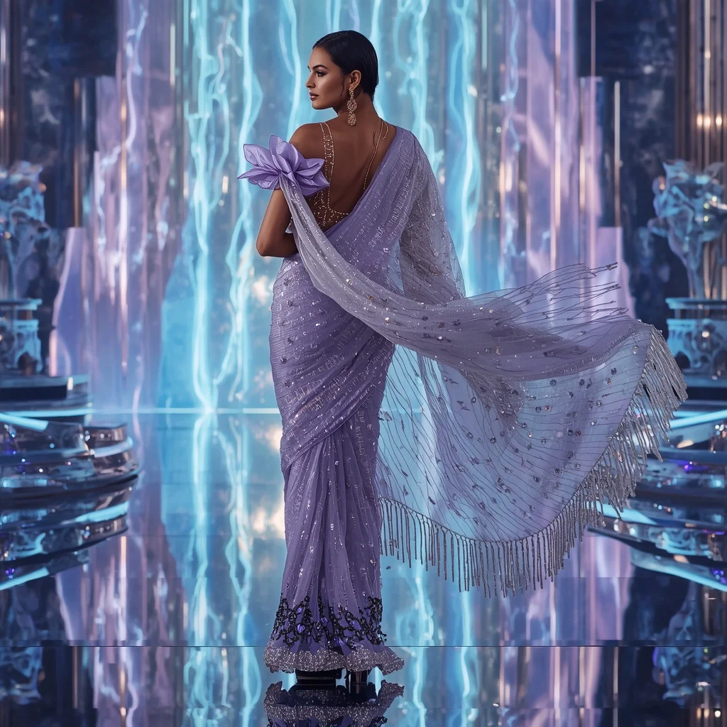 Platinum Galaxy Thunder Saree with Floating Aurora Temple | Festival Prompt