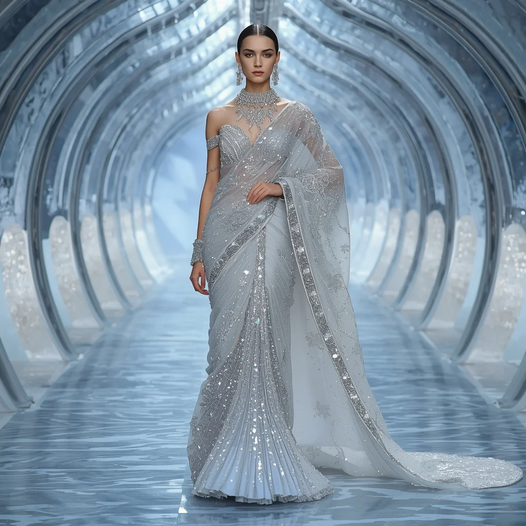 Platinum Glacier Aurora Saree with Frozen Crystal Infinity Hall | Prompt For Gemini AI Girl Style Trending Indian