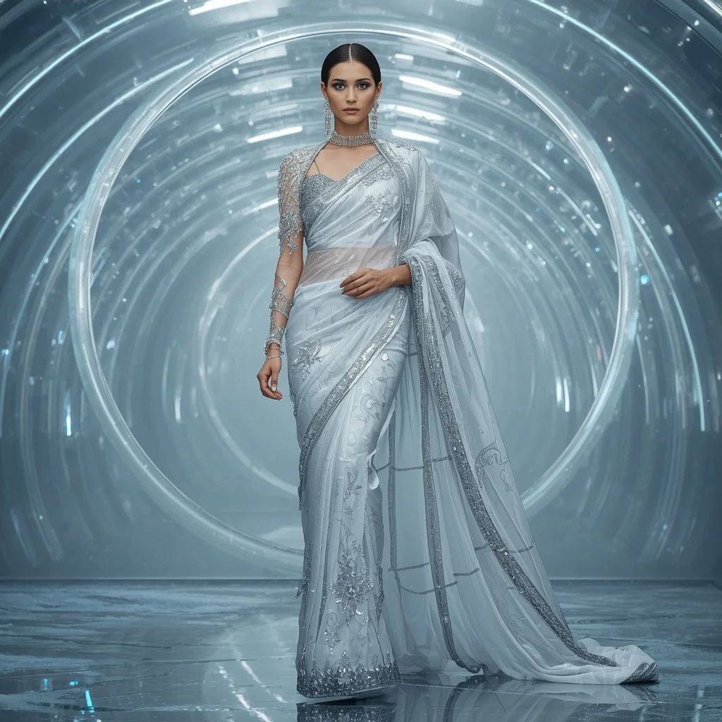 Platinum Glacier Queen Saree with Frozen Crystal Infinity Gallery | 4k Ai Prompt