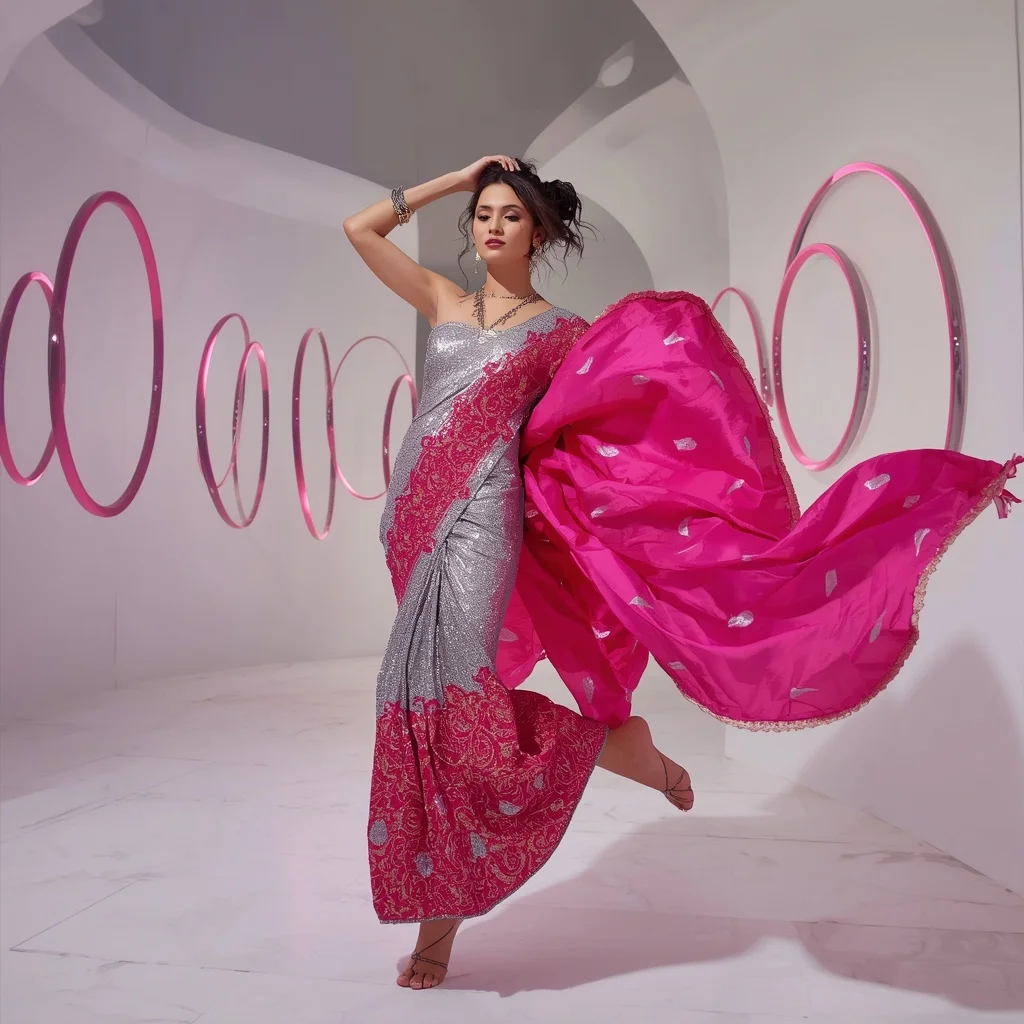 Platinum Lava and Neon Magenta Saree with Floating Ring Gallery | Youtube Thumbnail Ai Prompt