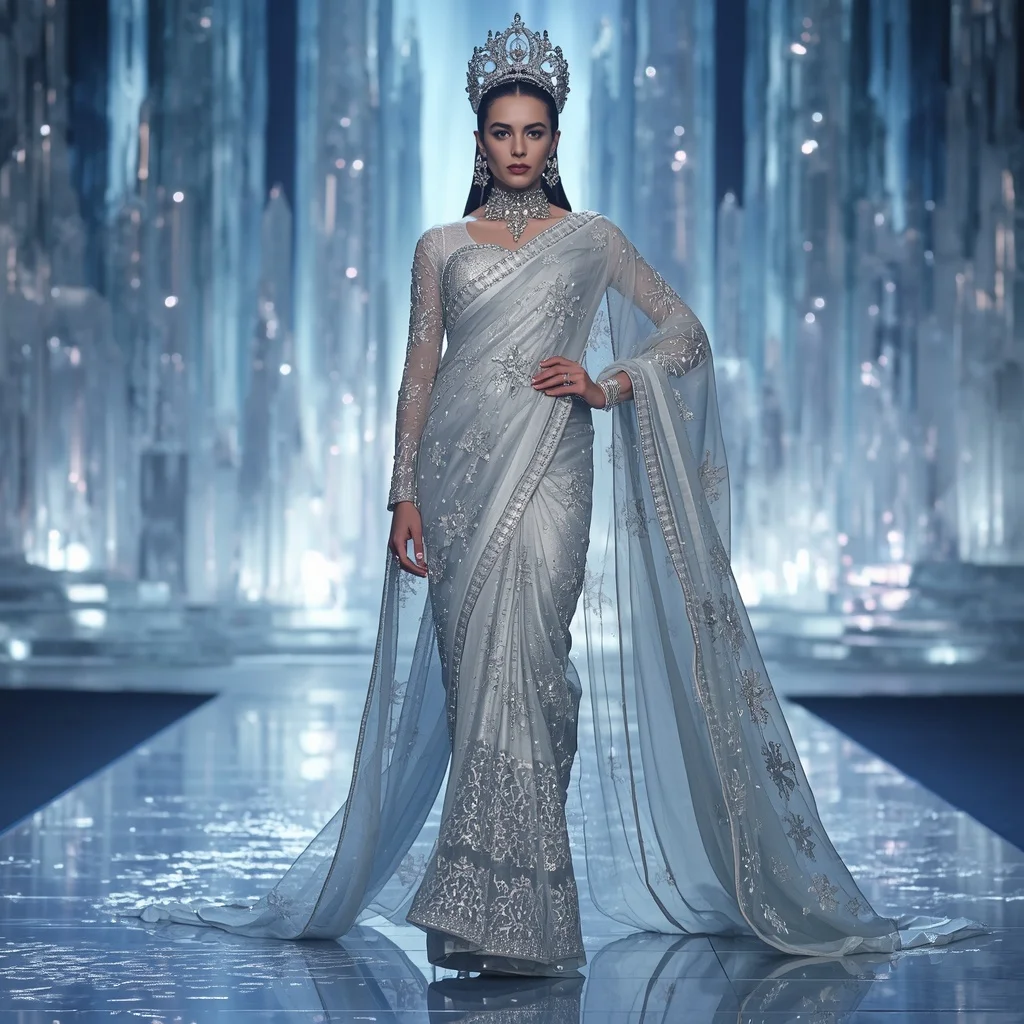 Platinum Snowflake Empress Saree with Frozen Crystal Realms and Aurora Ice Crown City | Prompt Ai For Girl Instagram