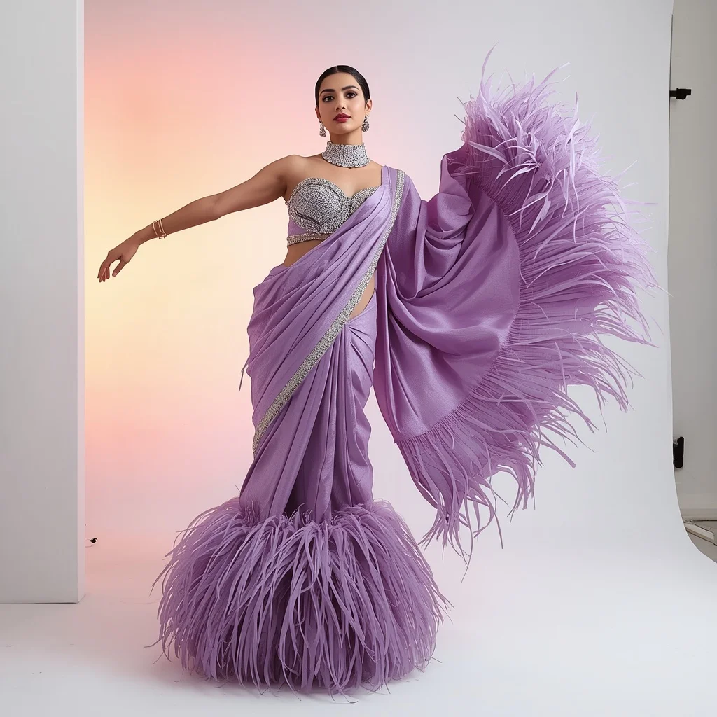 Powder Violet Feather & Zardosi Saree Instagram Pose | Creative Ai Prompt