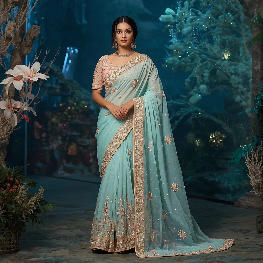 Premium Aqua Coral Princess Saree Couture with Ocean Crystal Garden Background | ChatGPT Photo Editing Prompts For Girl