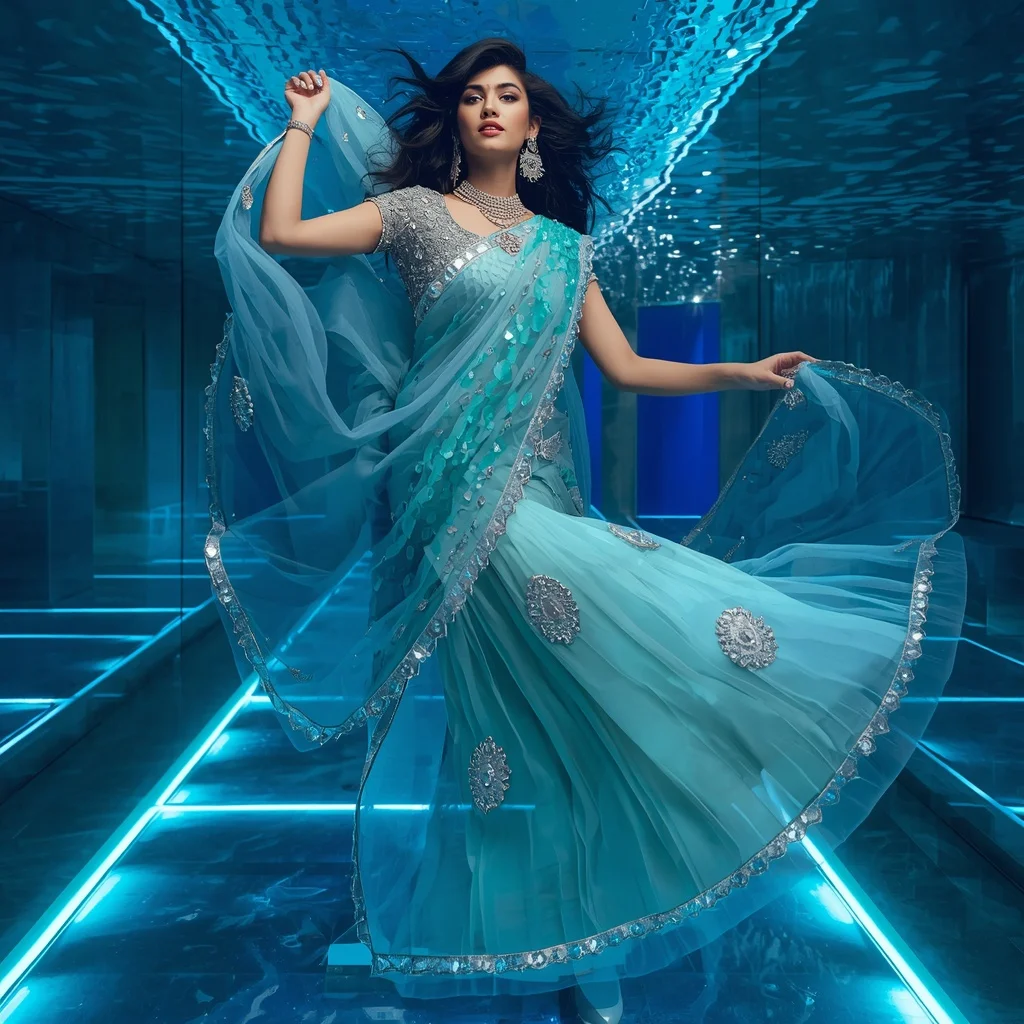 Premium Aqua Crystal Saree with Floating Circular Editorial Spiral and Celestial Water Reflection Palace Background | Best Prompt Ai For Girl