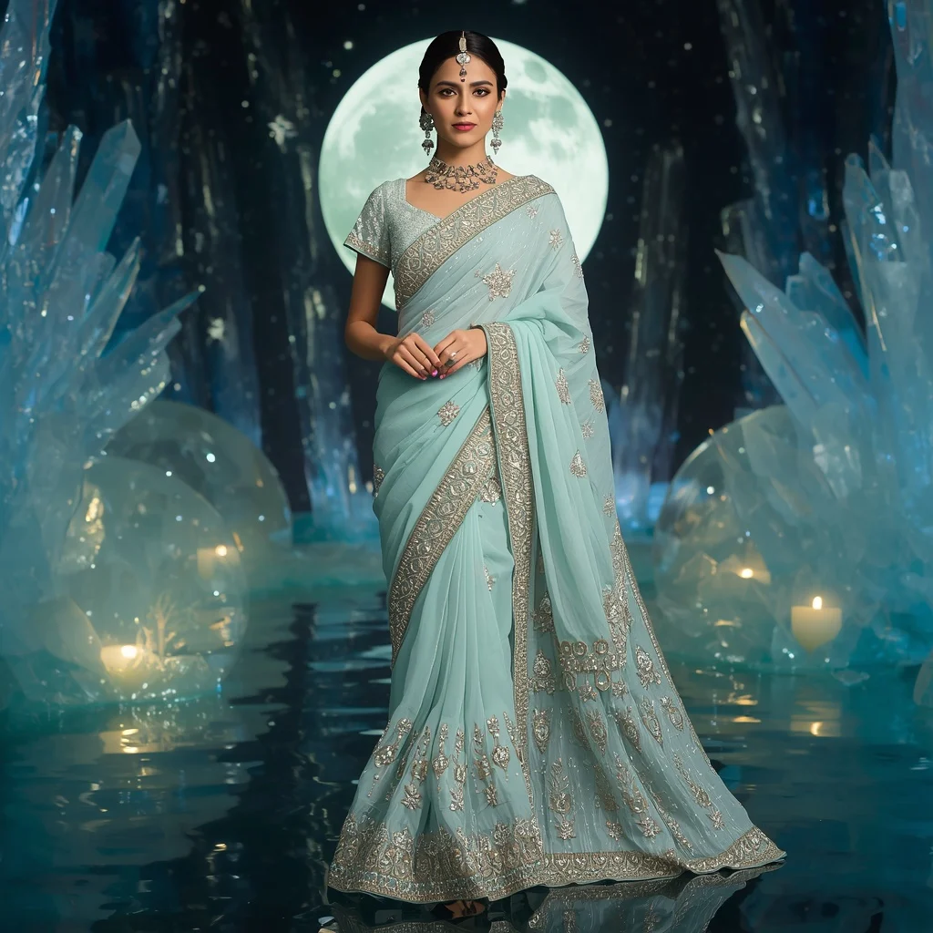 Premium Aqua Moon Pearl Saree Couture with Ocean Crystal Moonlight Background | Prompt Gemini Ai