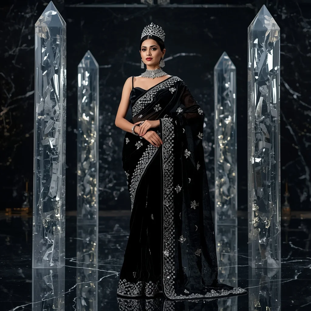 Premium Black Obsidian Crown Saree Fashion with Midnight Crystal Kingdom Background | Gemini Ai Prompt For Girl