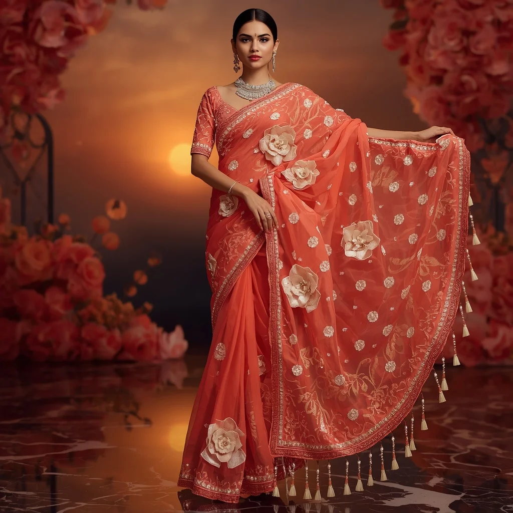 Premium Coral Pearl Saree with Artistic Marble Editorial Air Spiral and Sunset Floral Reflection Palace Background | Prompt For Gemini AI Girl Trending