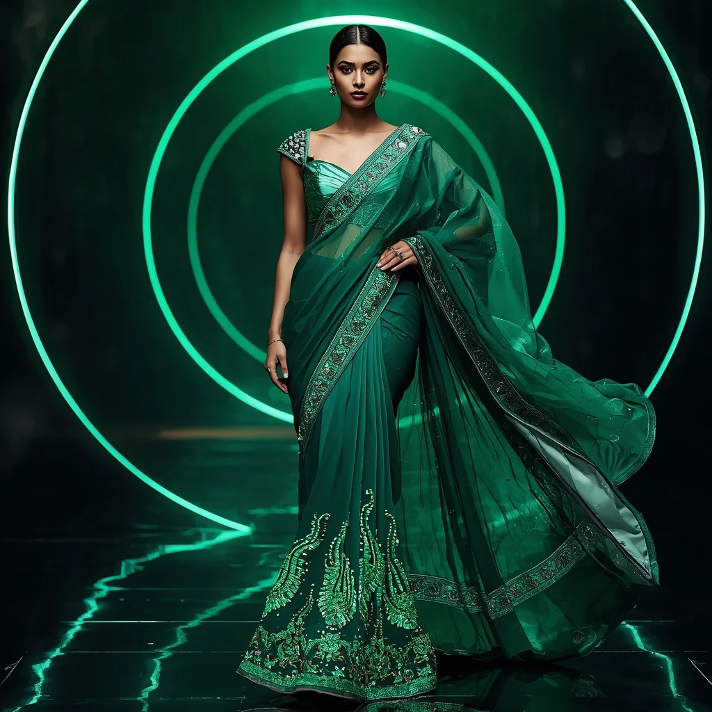 Premium Emerald Aurora Flame Saree with Fierce Editorial Curl Walk and Cyber Reflection Ring Background | Prompt Seen Trending Girl