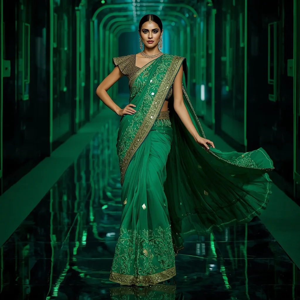 Premium Emerald Fire Prism Saree with Fierce Editorial Air Twist and Cyber Reflection Tunnel Background | Saree Ai Prompt