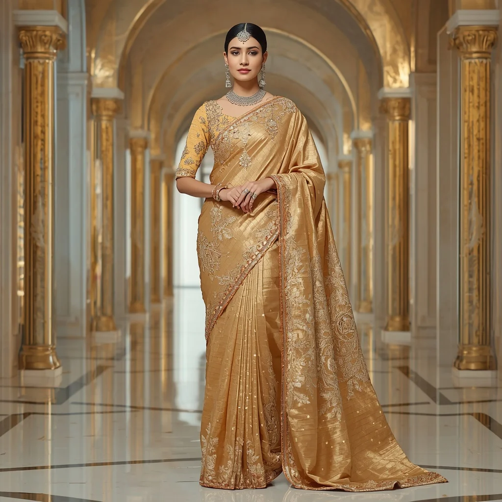 Premium Golden Heritage Rajrani Saree with Modern Crystal Royal Gallery Background | Sora Ai Prompt
