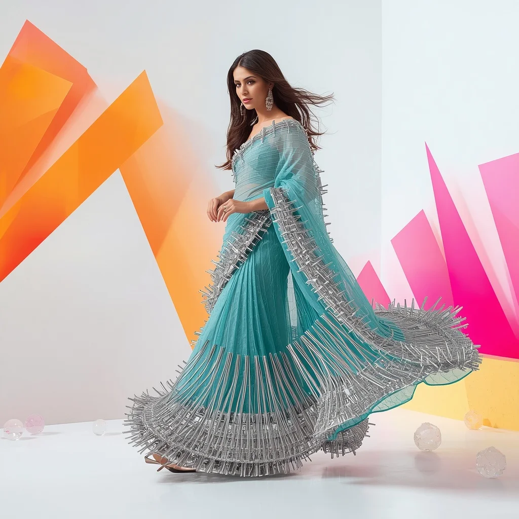 Premium Indo-Western Festival Saree: Icy Teal Organza with Heavy 3D Platinum Ribs | Happy Ai Prompt