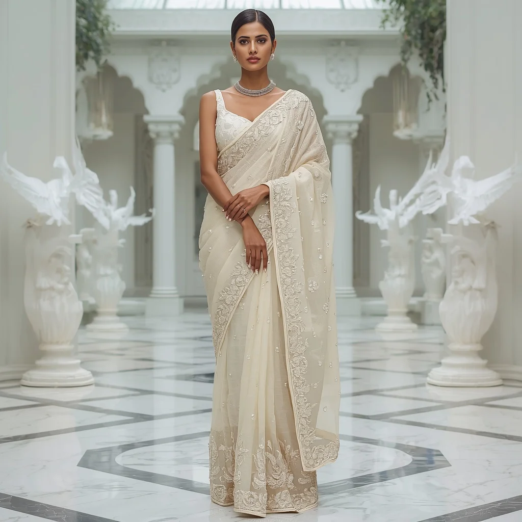 Premium Ivory Crystal Dove Queen Saree Fashion with White Palace Atrium Background | Prompt For Gemini AI Girl Trending