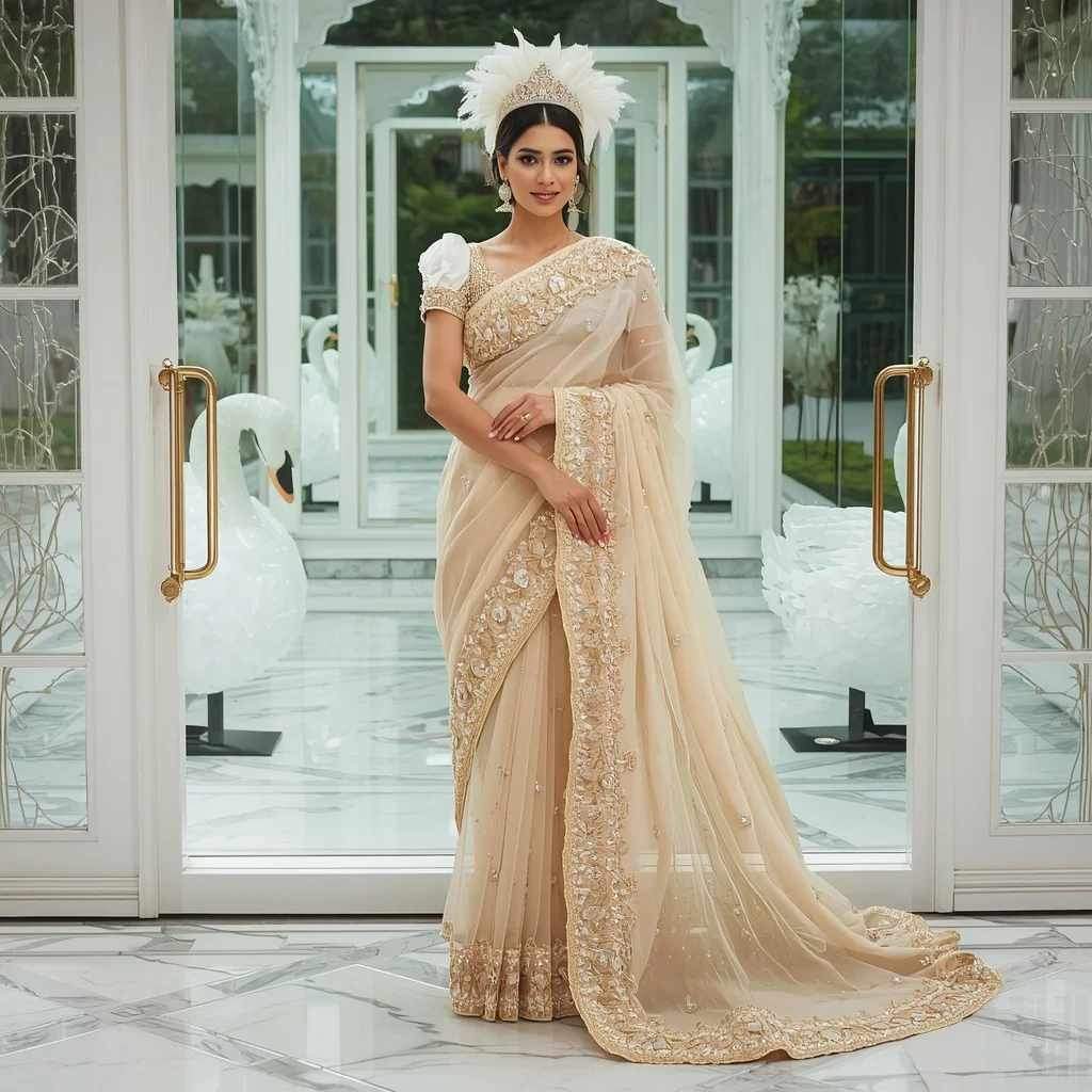 Premium Ivory Crystal Swan Crown Saree Fashion with White Mirror Garden Background | Gemini Photo Prompt