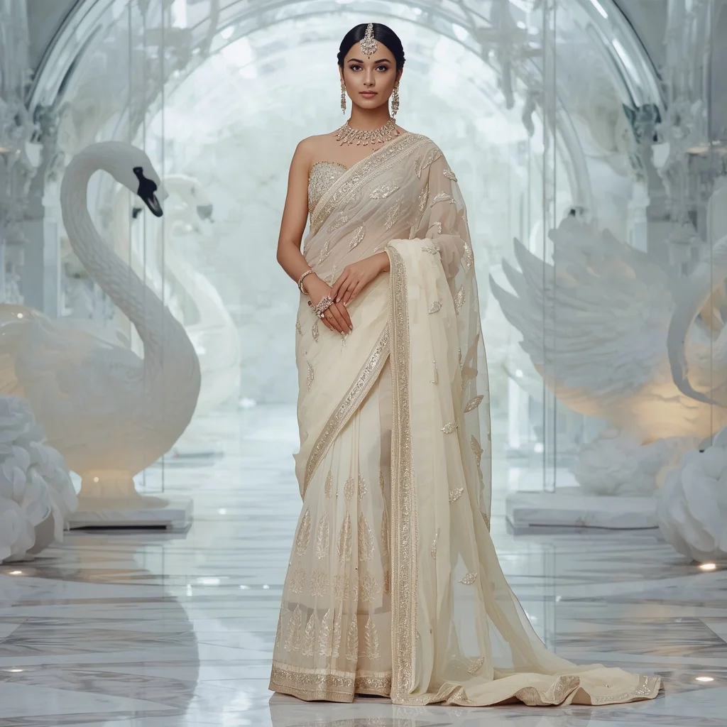 Premium Ivory Crystal Swan Empress Saree Fashion with White Glass Kingdom Background | Prompt Seen Girl Photo Editing Trending