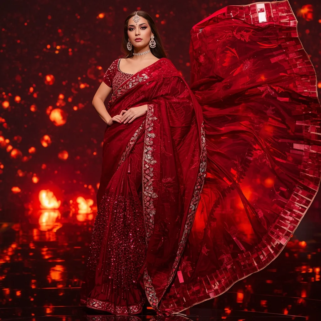 Premium Ruby Crystal Inferno Saree with Dynamic Runway Editorial Air Spiral and Digital Lava Reflection Dome Background | New Instagram Trend Prompt For Girl Copy And Paste