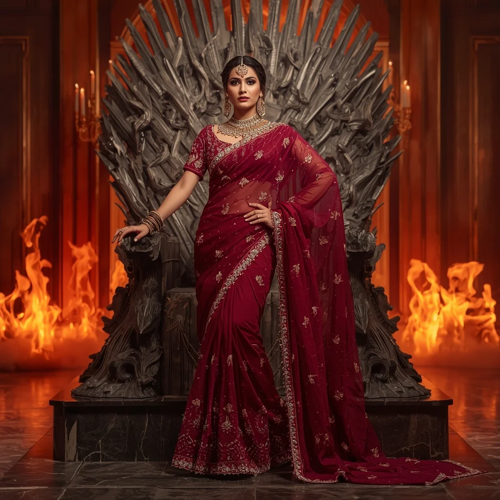 Premium Ruby Dragon Empress Saree Couture with Fire Crystal Throne Hall Background | Viral Instagram Ai Prompt