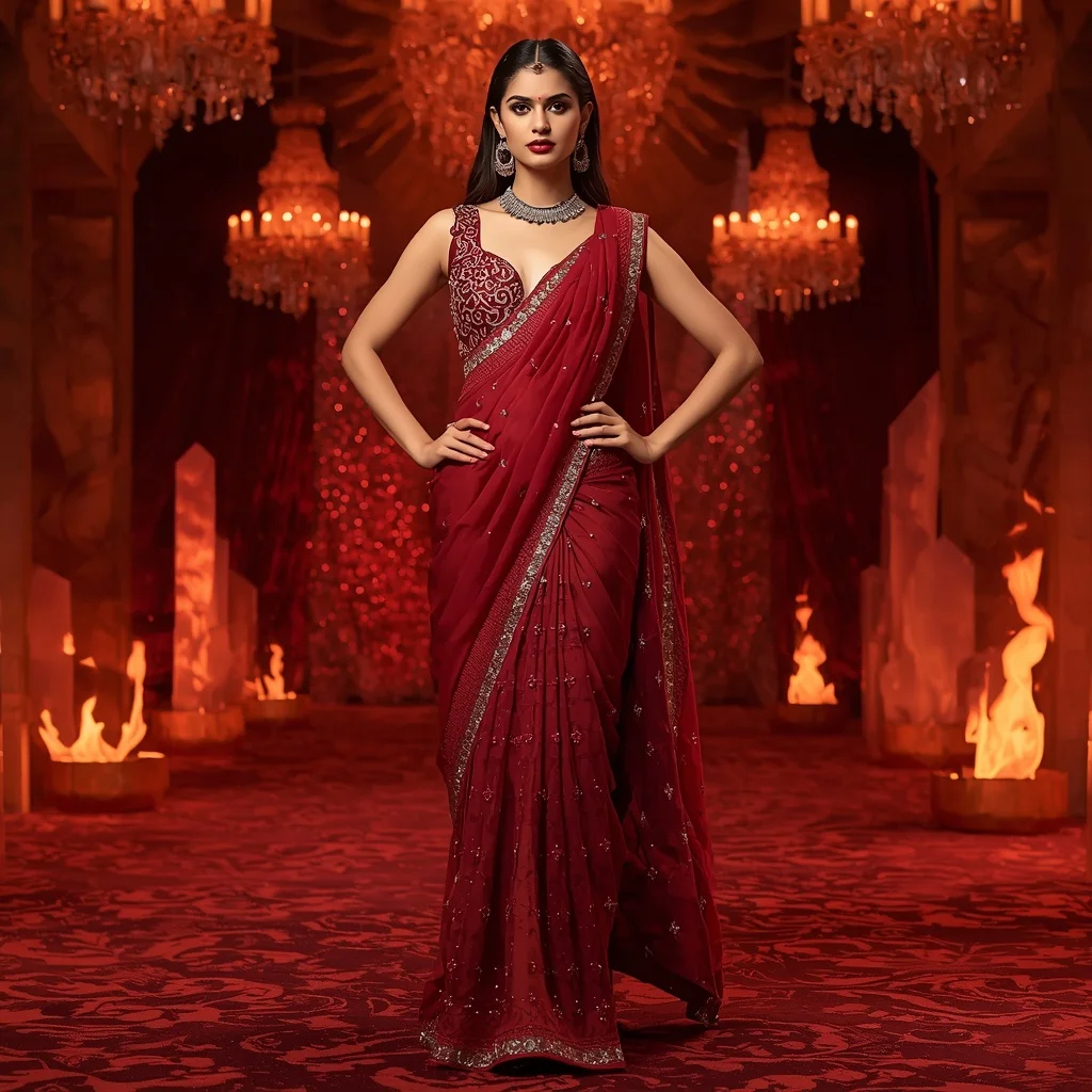 Premium Ruby Dragon Queen Saree Couture with Fire Crystal Empire Background | Ultra Realistic Ai Prompt