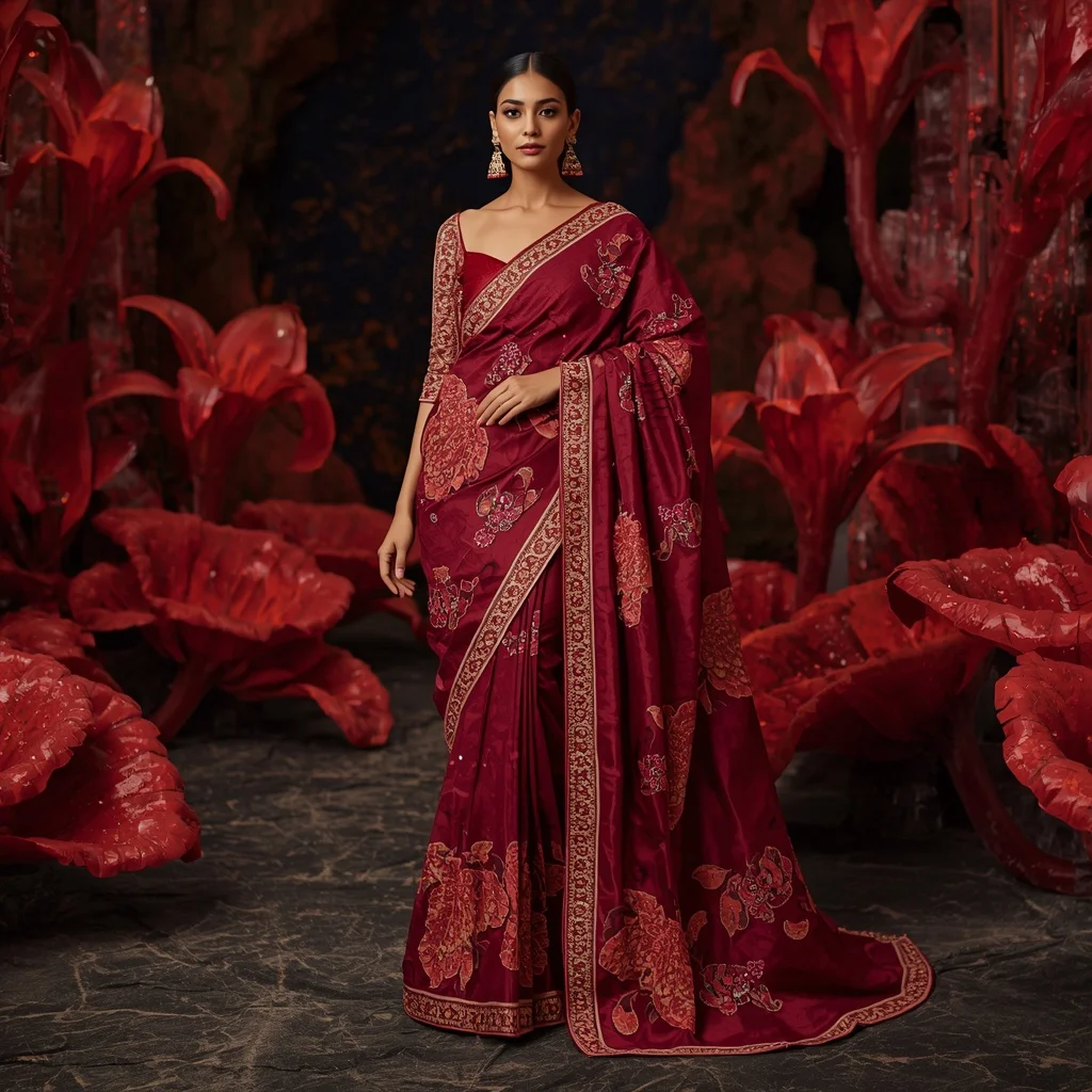 Premium Ruby Fire Lily Saree Couture with Lava Bloom Kingdom Background | Influencers Ai Prompt