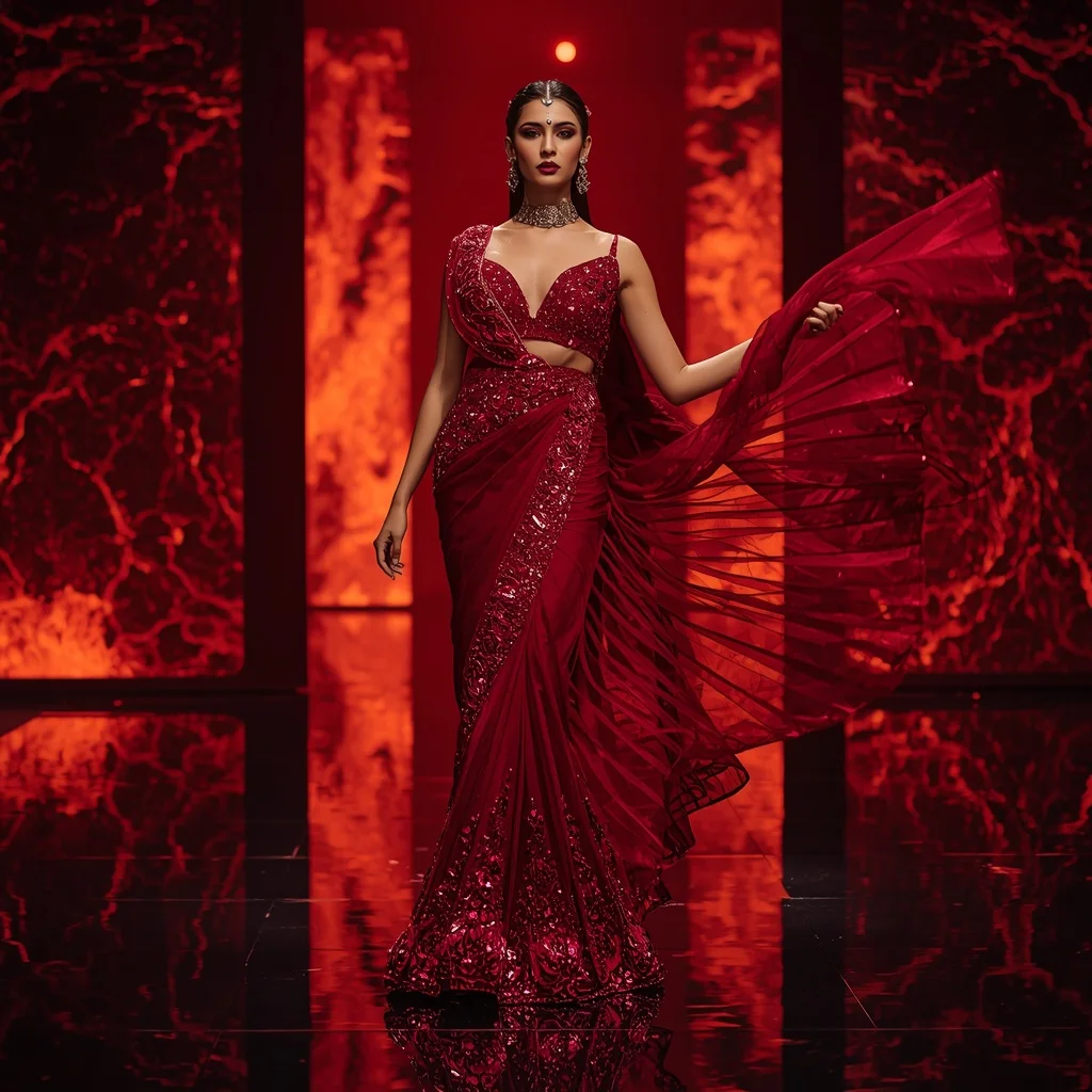 Premium Ruby Inferno Crystal Saree with Dynamic Runway Editorial Spiral and Digital Lava Reflection Hall Background | Trending Prompt In Instagram Ai Photo Girls