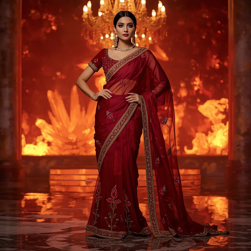 Premium Ruby Inferno Lotus Saree Couture with Fire Crystal Sanctuary Background | Easy Ai Prompt