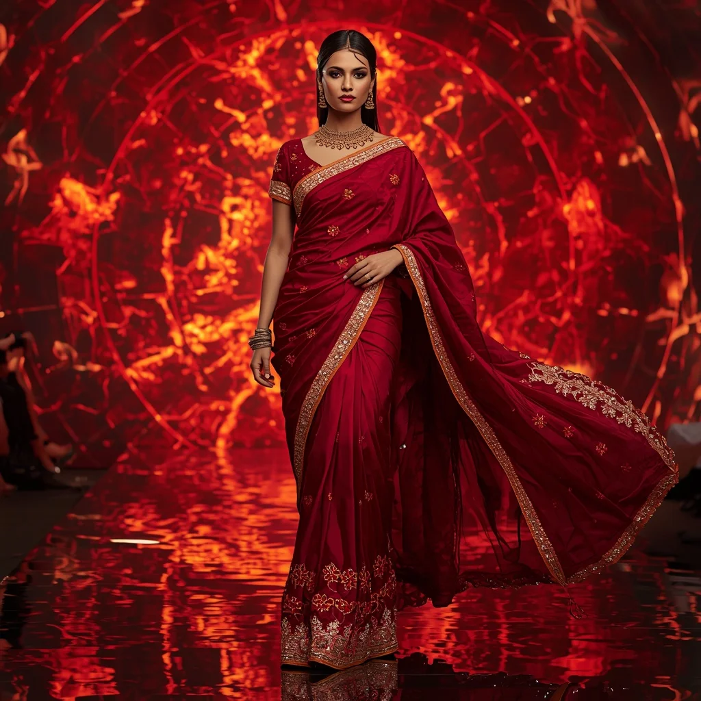 Premium Ruby Inferno Spark Saree with Dynamic Runway Editorial Air Walk and Digital Fire Reflection Dome Background | Instagram Viral Photo Prompt