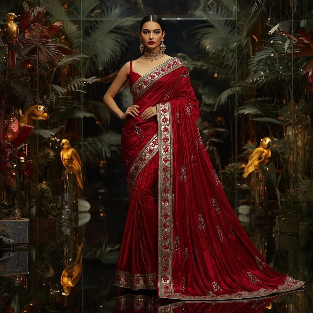 Premium Ruby Scarlet Macaw Saree Couture with Tropical Crystal Aviary Background | Gemini Prompt