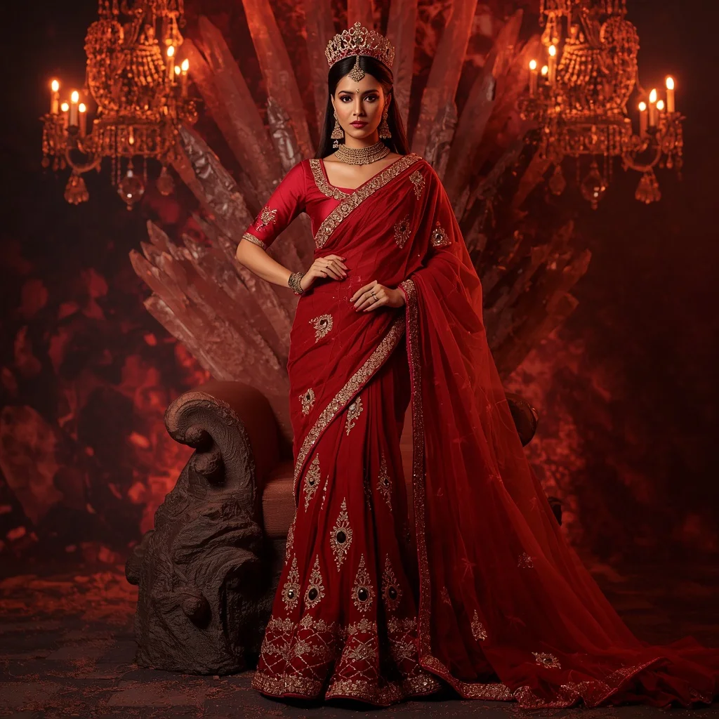 Premium Ruby Volcano Crown Saree Couture with Lava Crystal Throne Background | Gemini Ai Photo Prompt Copy Paste