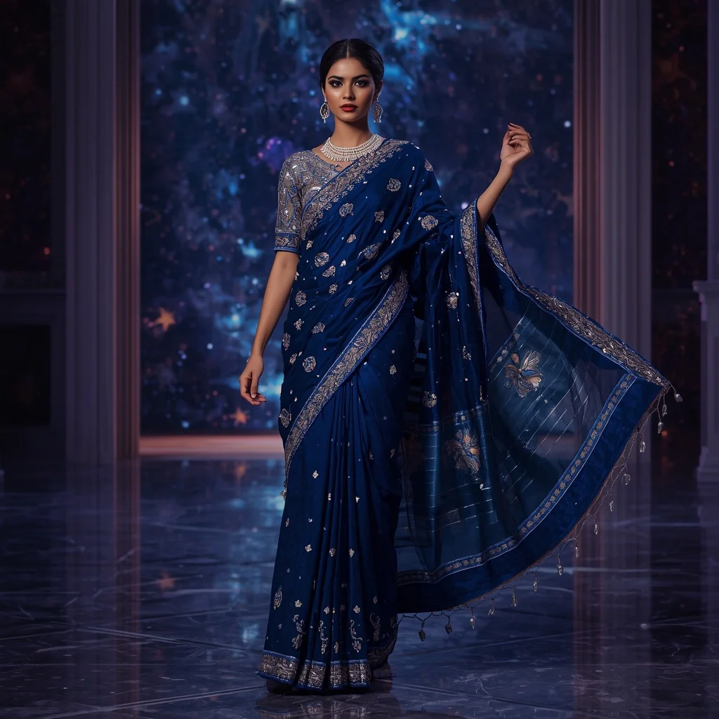 Premium Sapphire Galaxy Saree with Royal Window Editorial Air Curl and Celestial Reflection Hall Background | Woman Pose Ai Prompt