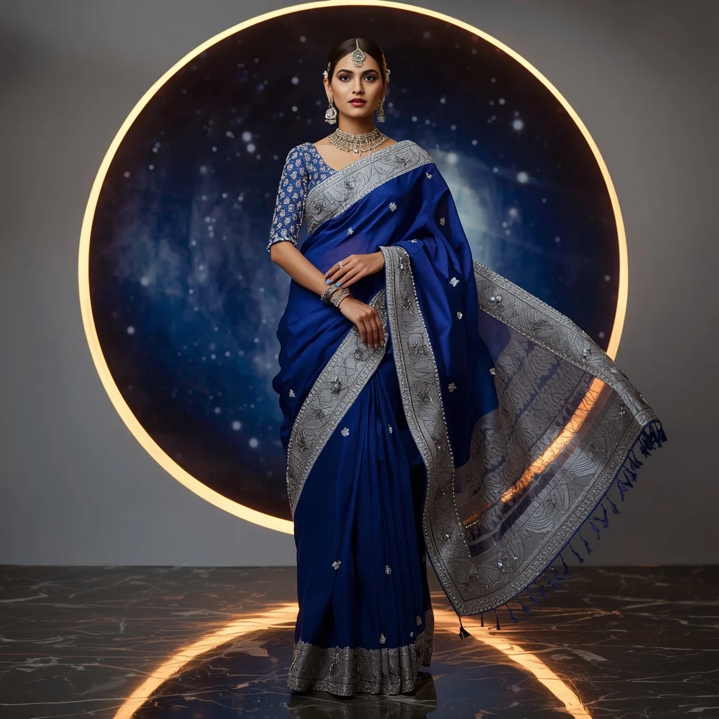 Premium Sapphire Galaxy Saree with Royal Window Editorial Spiral and Celestial Reflection Ring Background | Prompt For Gemini AI Girl Trending