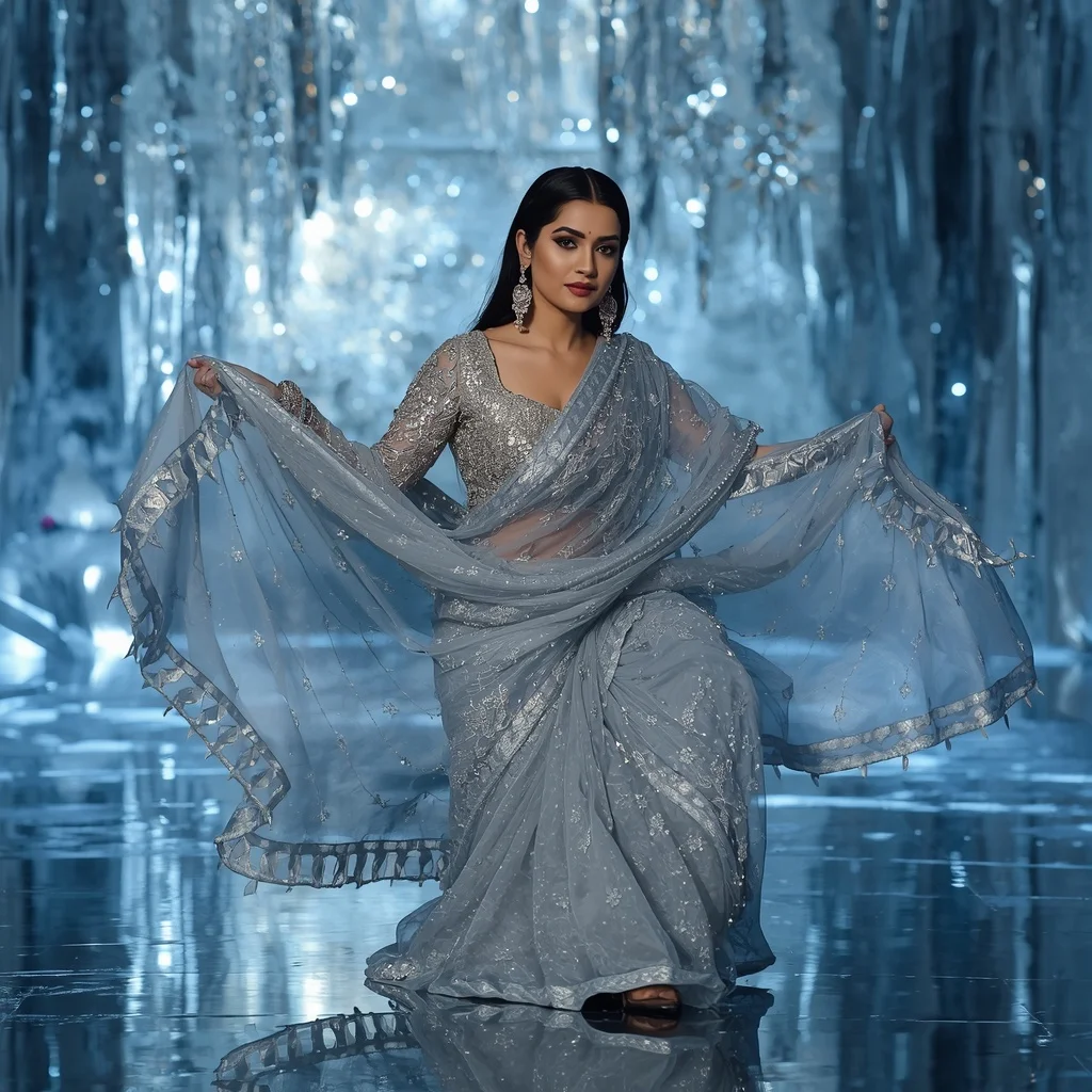 Premium Silver Snowfall Saree with Dramatic Floor Editorial Air Twist and Frozen Reflection Palace Background | Free Ai Prompt