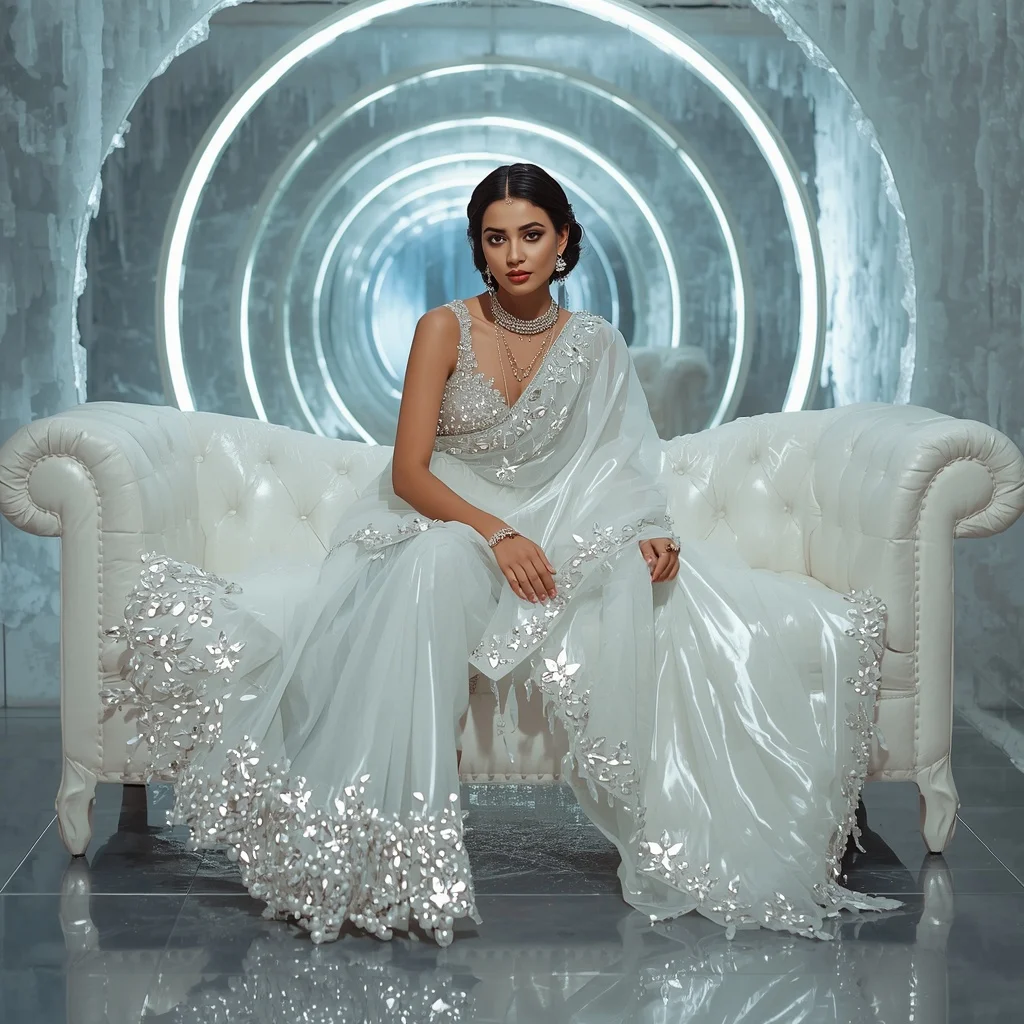 Premium White Halo Crystal Saree with Elegant Sofa Editorial Air Twist and Frozen Reflection Tunnel Background | Creative Ai Prompt