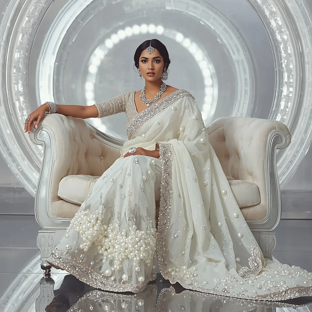 Premium White Halo Pearl Saree with Elegant Sofa Editorial Spiral and Frozen Reflection Ring Background | Leonardo Ai Image Prompt
