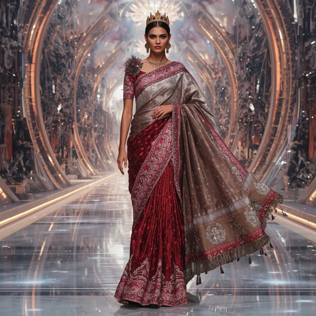 Prism Eclipse Monarch Saree with Quantum Velvet Crown Celestial Infinity Atrium | Bing Image Creator Girl Prompt