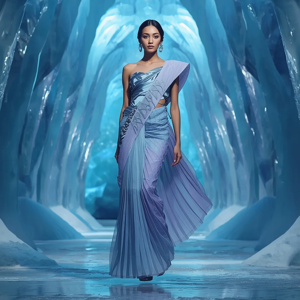 Prism Ice Structure Saree with Frozen Light Cathedral | Woman Pose Ai Prompt