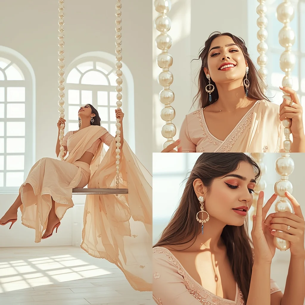 Pure White Pearl Swing High Fashion Editorial Visual Presentation | Bridal Saree Ai Prompt For Instagram Reel