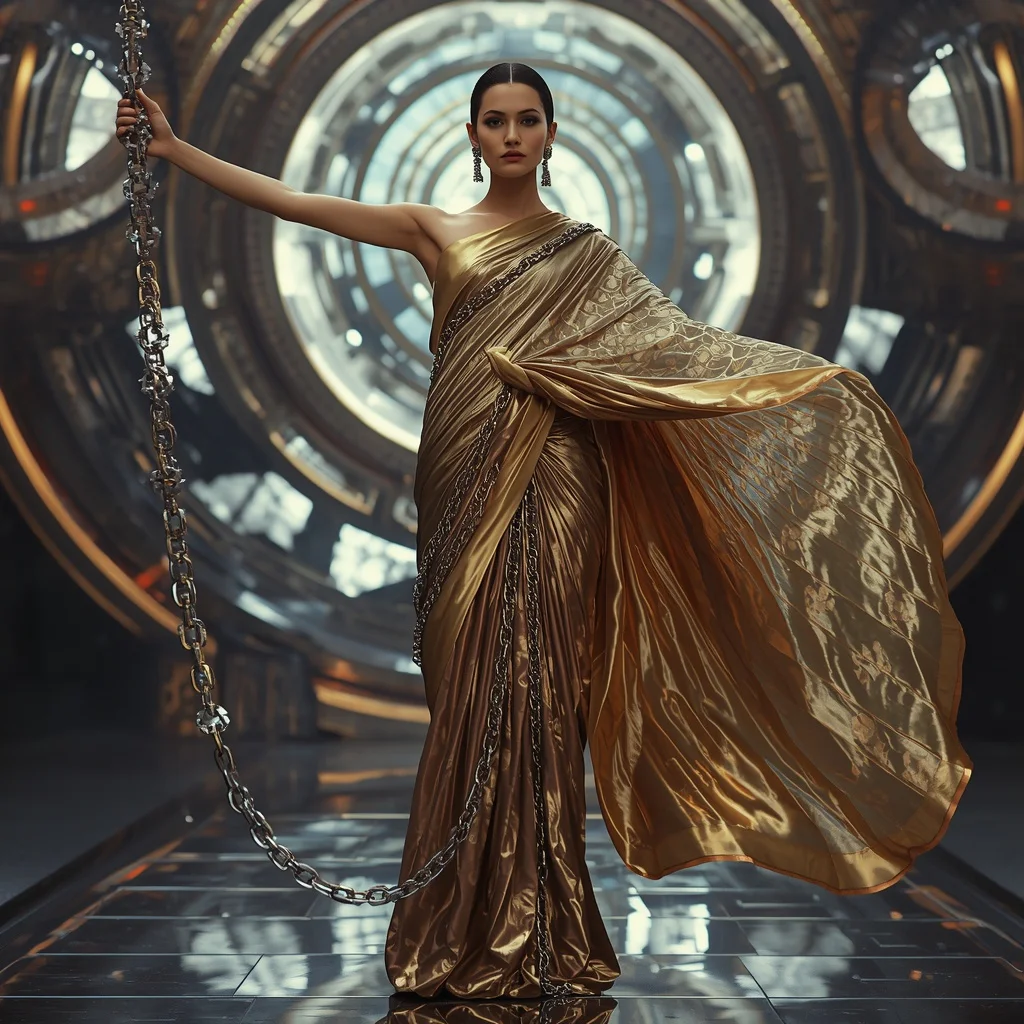 Quantum Chain Silk Alloy Saree with Orbital Machine Cathedral | Korean Ai Prompt