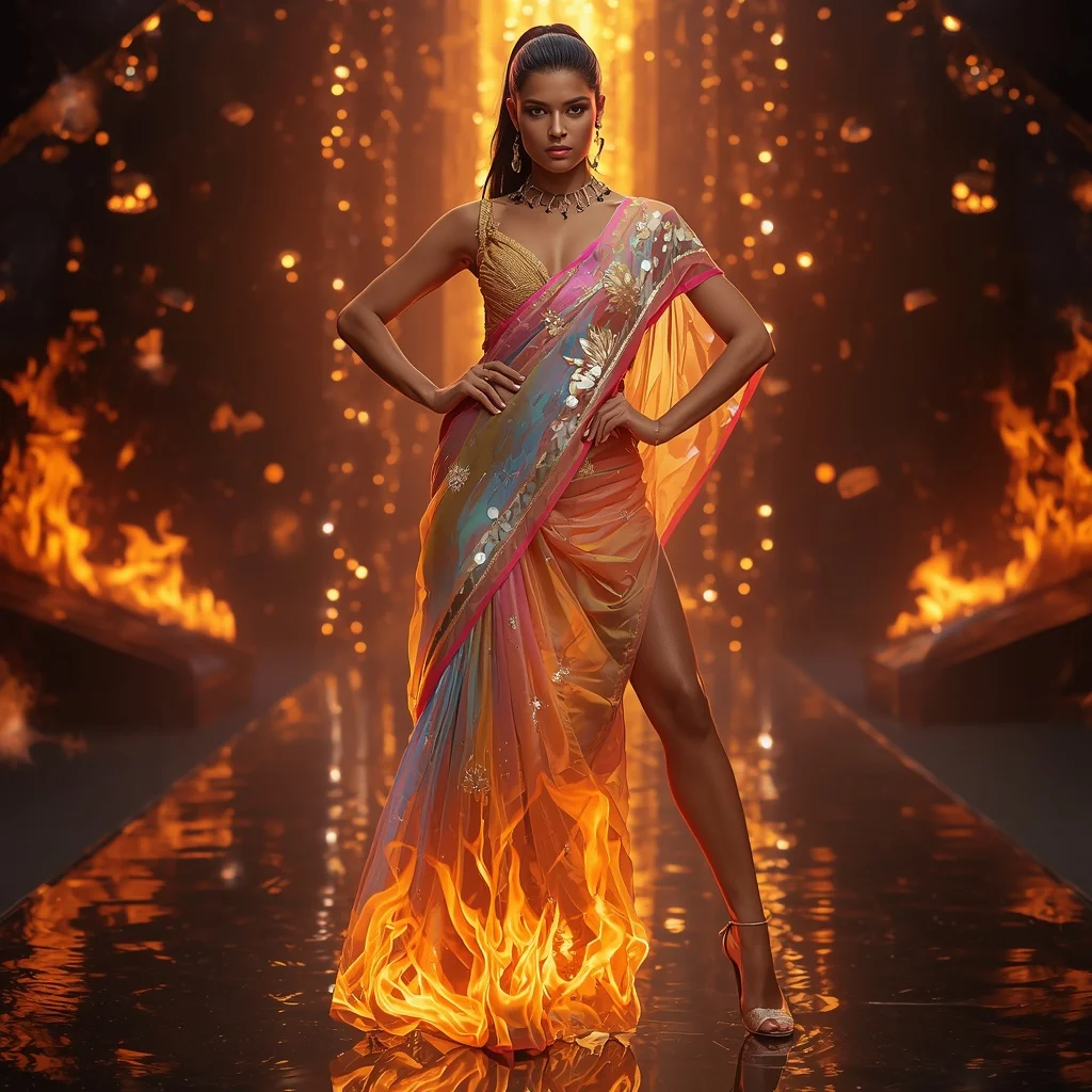 Quantum Flame Saree with Controlled Energy Fire Fabric | Desi Girl Ai Prompt